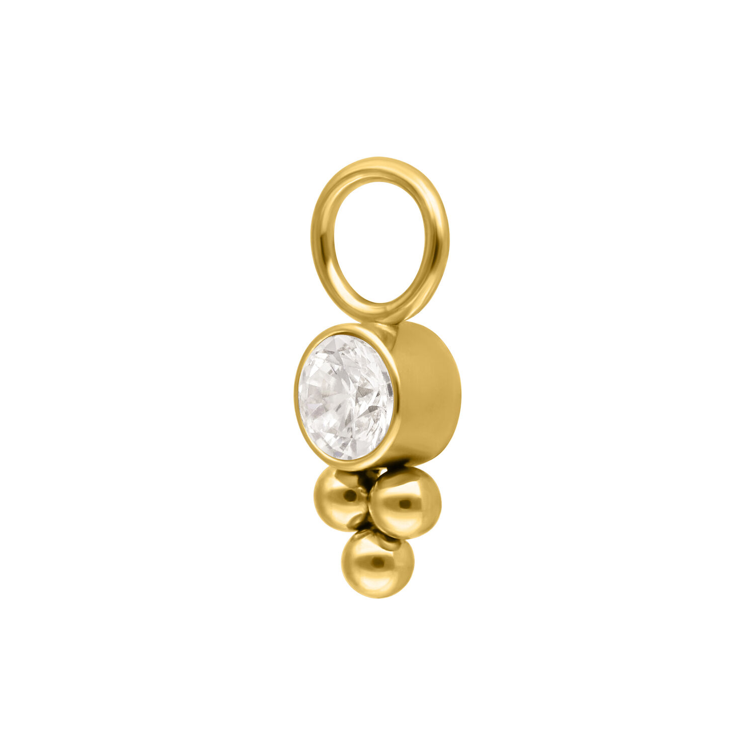 Colgante de metal dorado con cristal claro sobre fondo blanco
