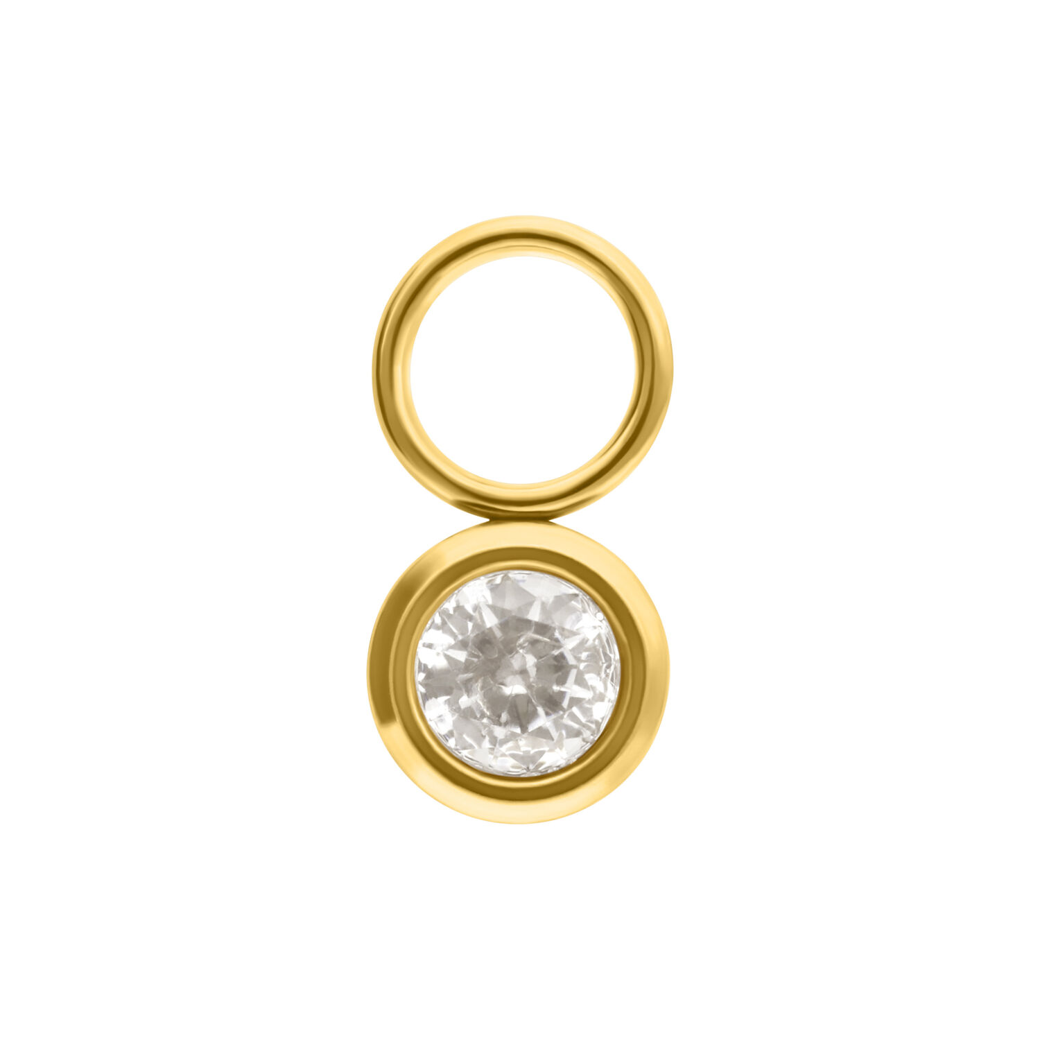 Colgante redondo de cristal dorado con piedra clara sobre fondo blanco