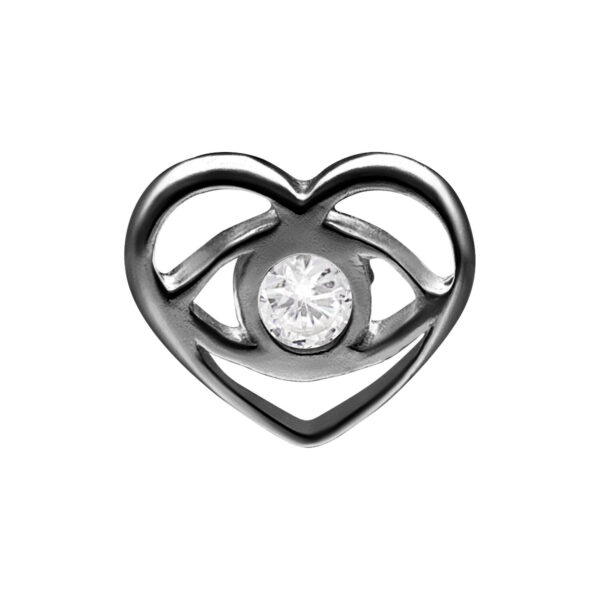Accesorio de corazón negro con cristal claro sobre fondo blanco