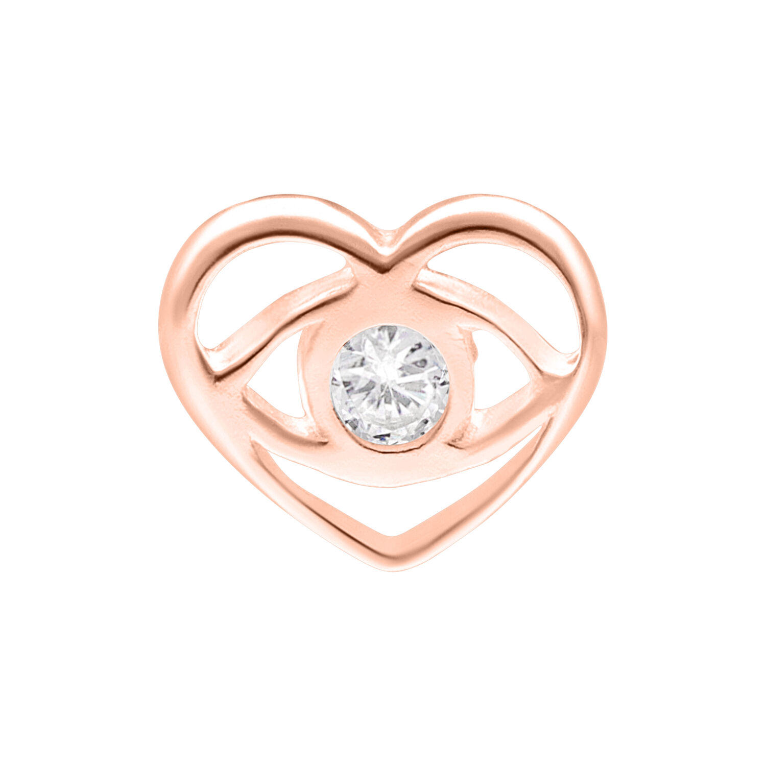 Accesorio de corazón en oro rosa con cristal claro sobre fondo blanco