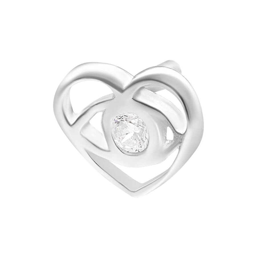 Push Fit de plata en forma de corazón con cristal claro sobre fondo blanco
