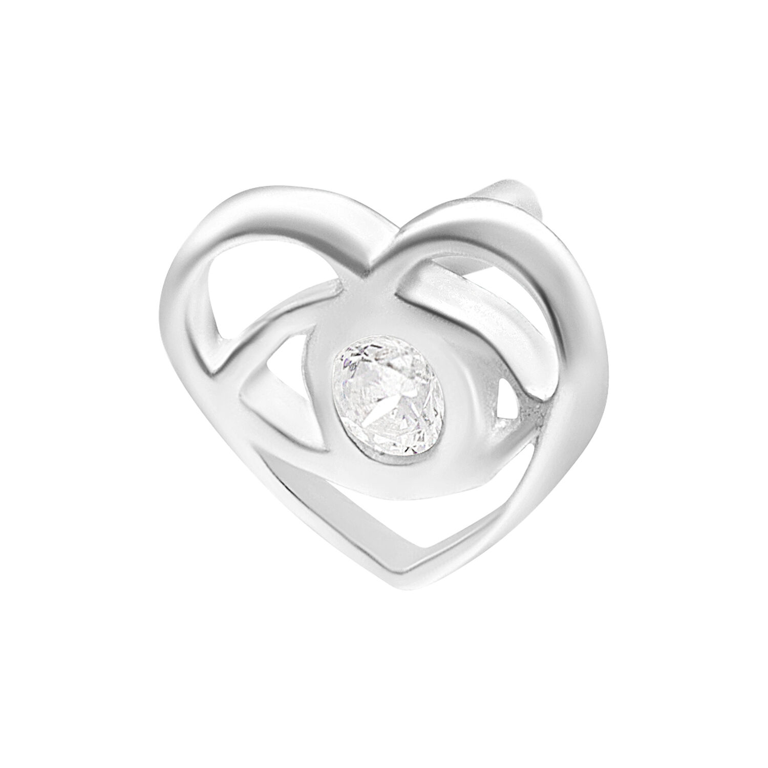 Push Fit de plata en forma de corazón con cristal claro sobre fondo blanco