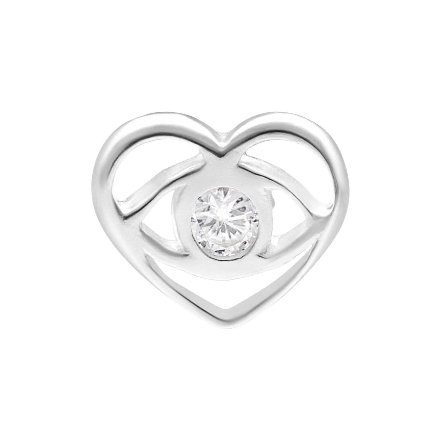 Accesorio en forma de corazón de plata con cristal claro en el centro sobre fondo blanco