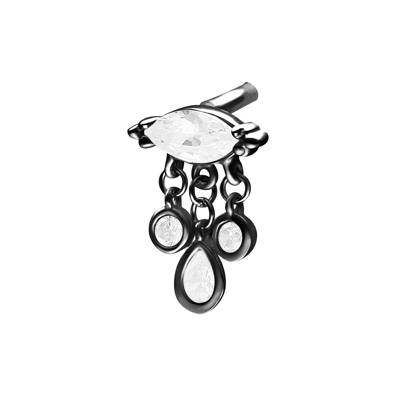 Accesorio Push Fit negro con colgantes de cristal claro sobre fondo blanco