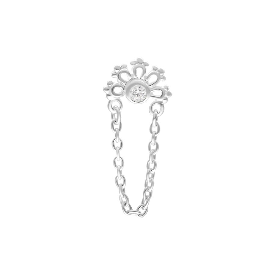 Accesorio plateado con cristal claro y elemento de cadena sobre fondo blanco