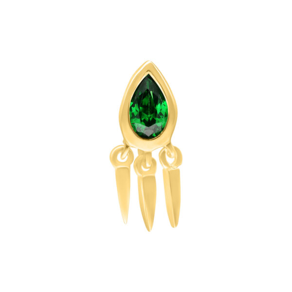 Accesorio Push Fit dorado con cristal verde en forma de gota sobre fondo blanco