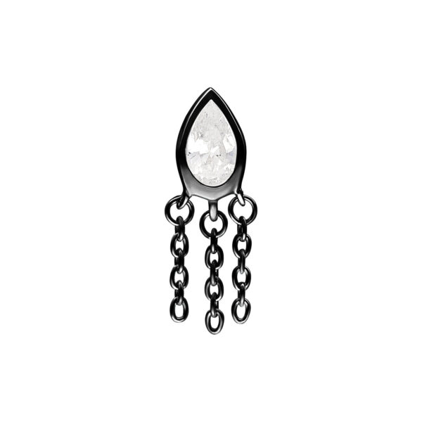 Negro Push Fit Linda adorno de plata con cristal claro y tres cadenas sobre fondo blanco