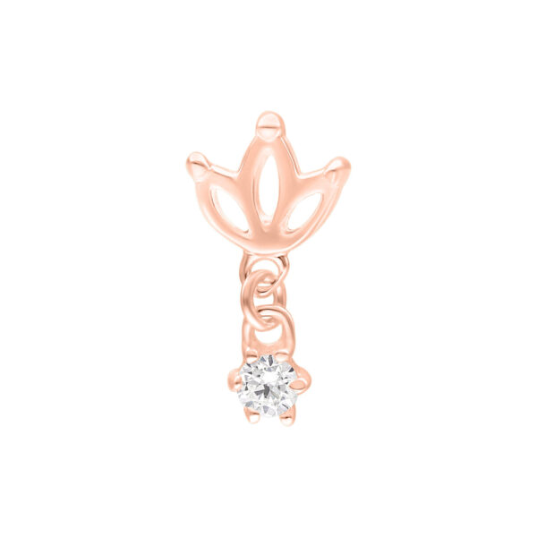 Aplique de loto Push Fit en oro rosa con cristal claro sobre fondo blanco