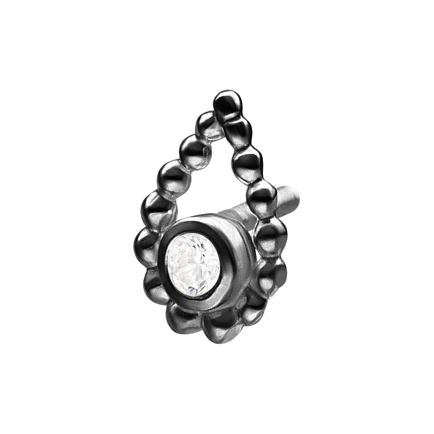 Pieza negra para piercing Push Fit con cristal claro sobre fondo blanco
