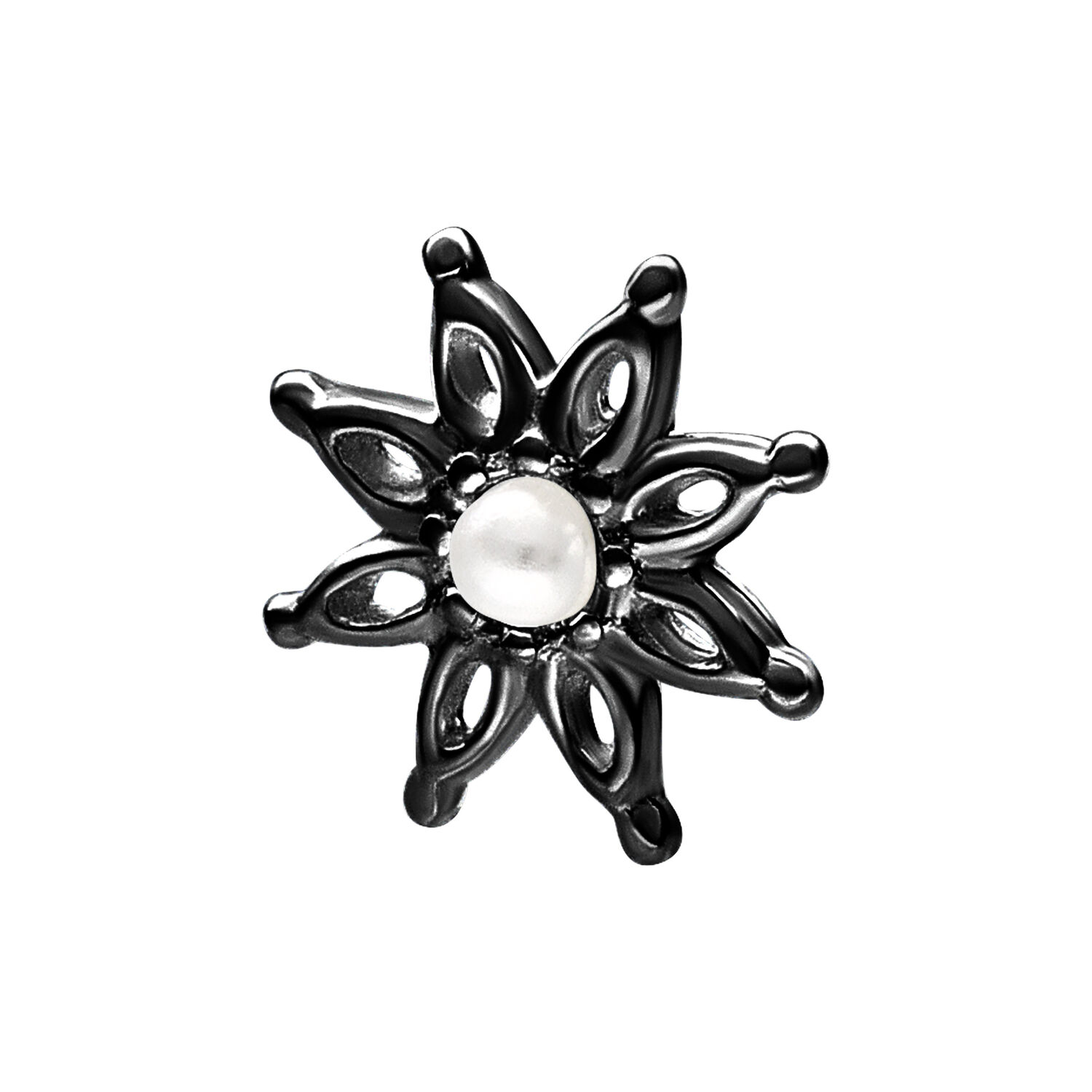 Aplique Bloom Negro Push Fit con decoración de perlas sobre fondo blanco
