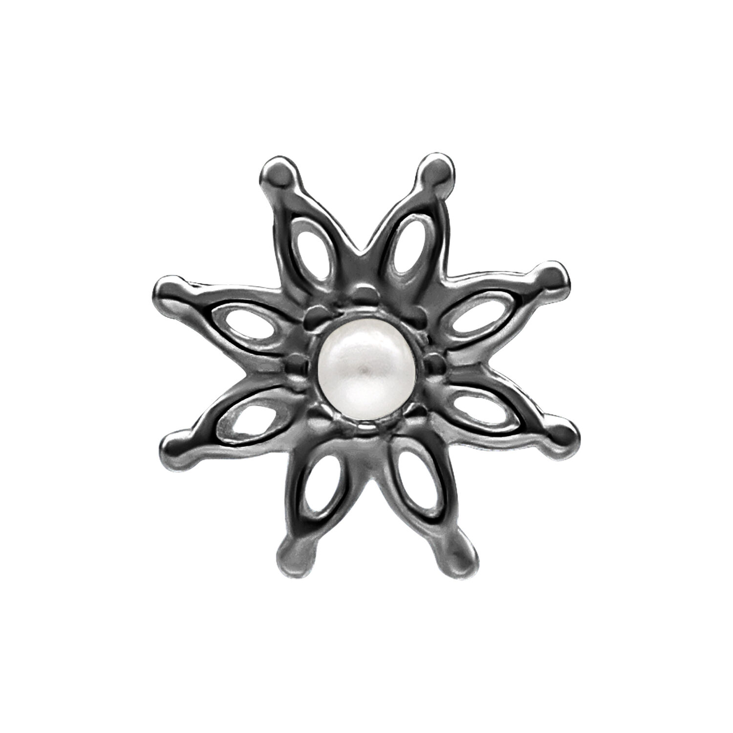 Adorno Bloom negro de plata con perla central sobre fondo blanco