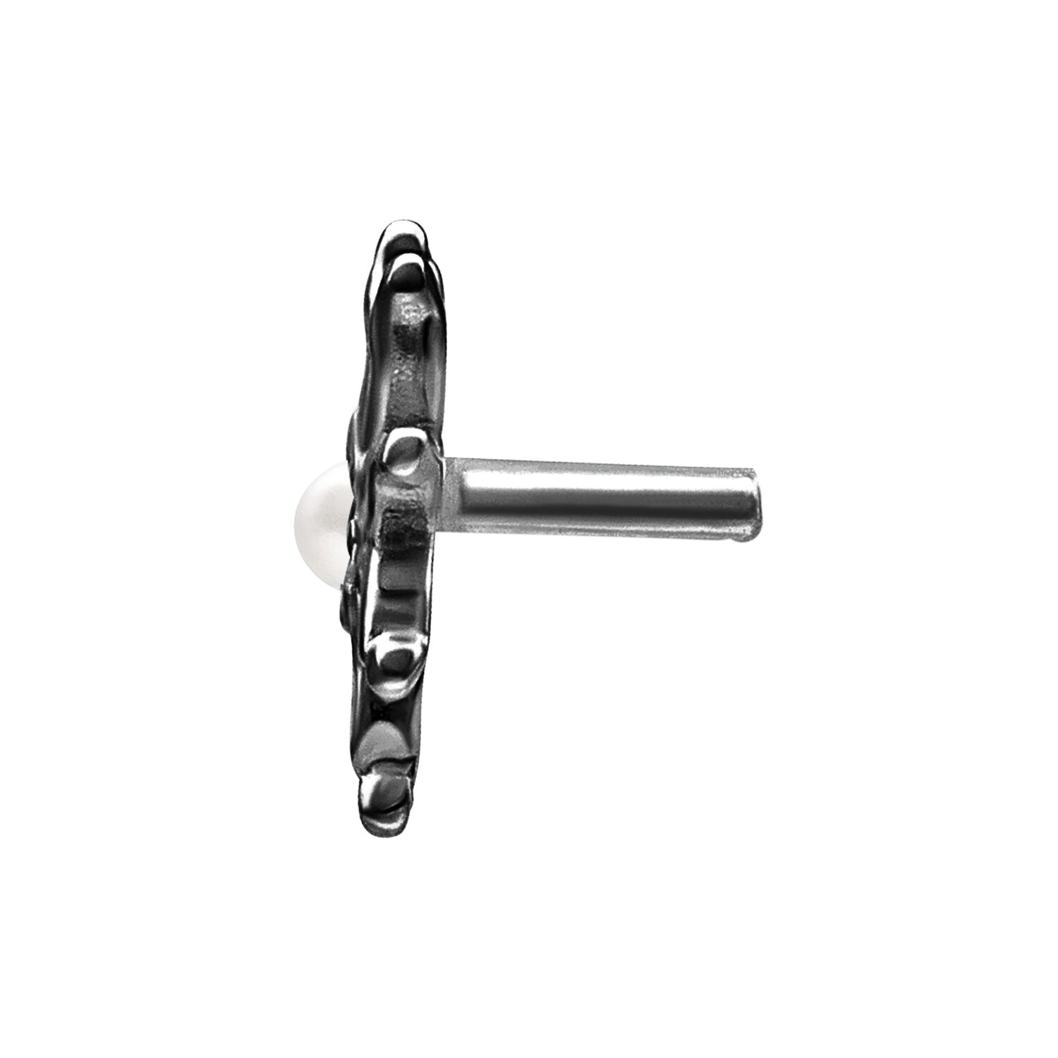 Negro Push Fit Bloom Adorno de plata, vista lateral sobre fondo blanco