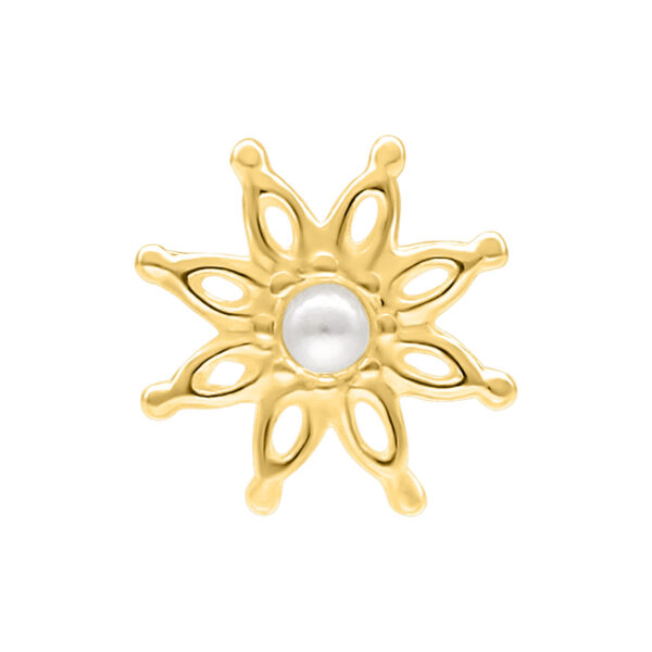 Ajuste Push Fit dorado en forma de flor con perla en el centro sobre fondo blanco
