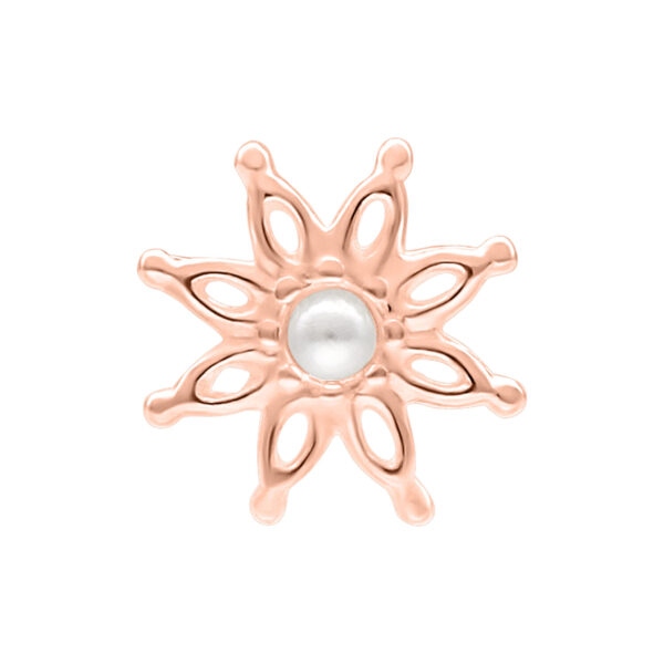 Rosado dorado Push Fit Bloom Adorno con detalle de perla sobre fondo blanco