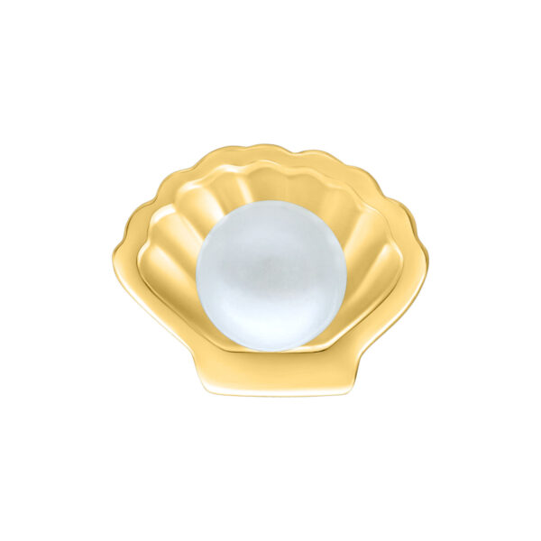 Ajuste de concha dorada con perla blanca sobre fondo blanco