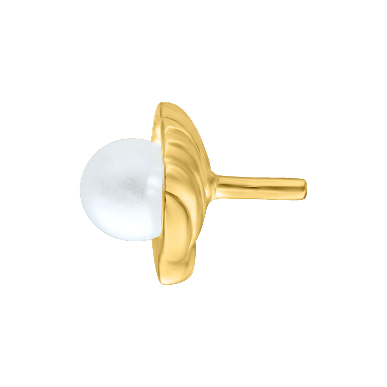 Accesorio de piercing dorado con perla brillante sobre fondo blanco