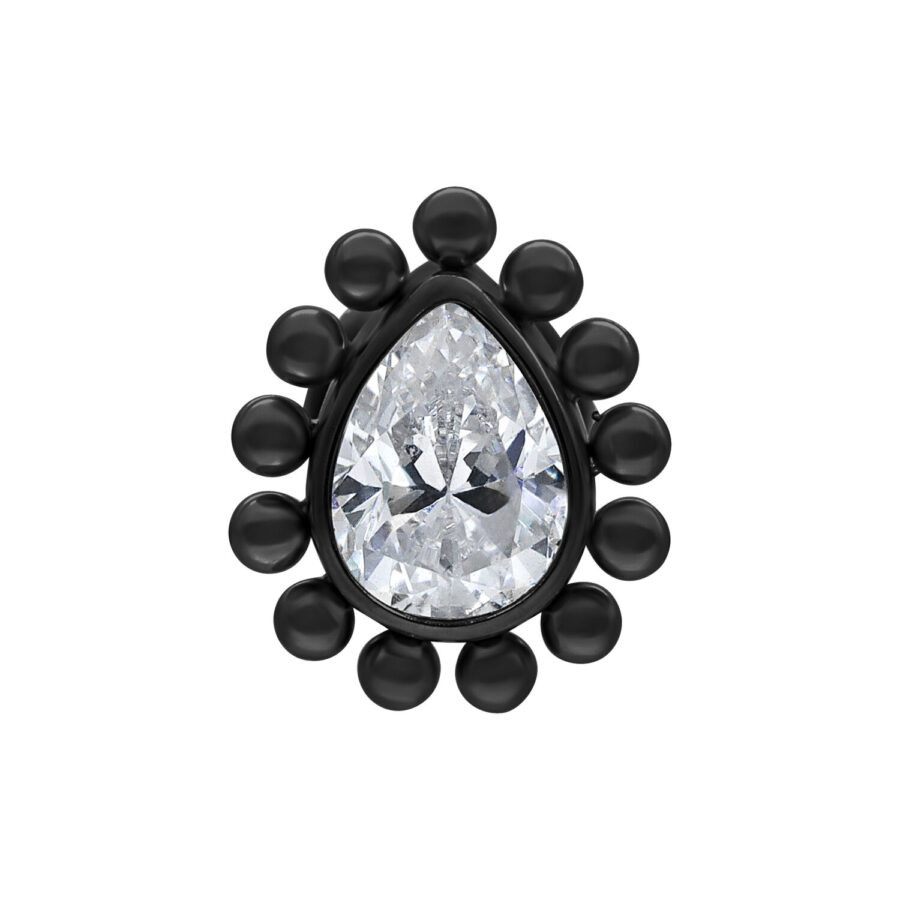 Accesorio de titanio negro con gota de cristal claro sobre fondo blanco