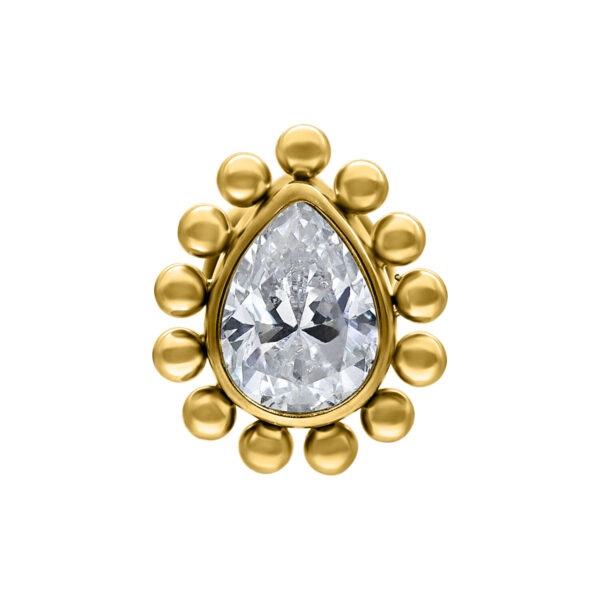 Ajuste de cristal en forma de gota dorada con cristal claro y brillante sobre fondo blanco