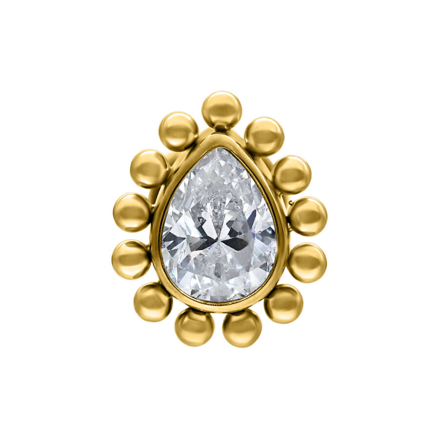 Ajuste de cristal en forma de gota dorada con cristal claro y brillante sobre fondo blanco