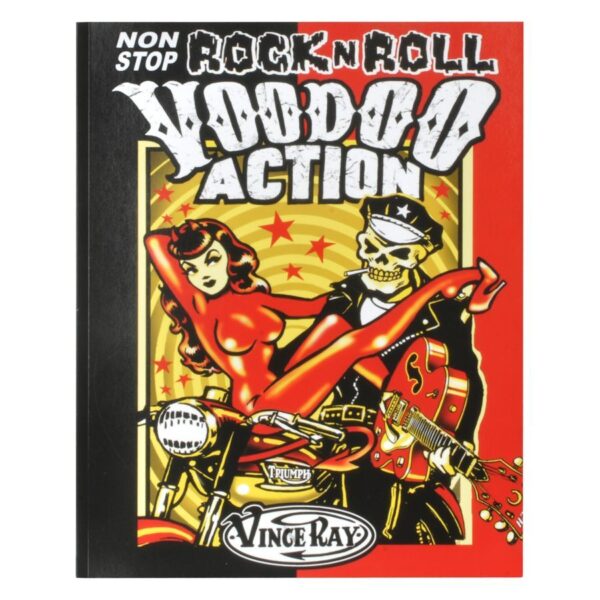 Póster colorido con motivo rockabilly, mujer en motocicleta, esqueleto con guitarra