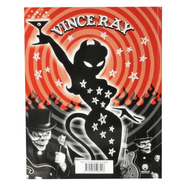 Póster negro y rojo de Vince Ray con figura de diablo y músicos esqueleto