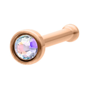 Piercing nasal de oro rosa con cristal Aurora Boreale brillante sobre fondo blanco