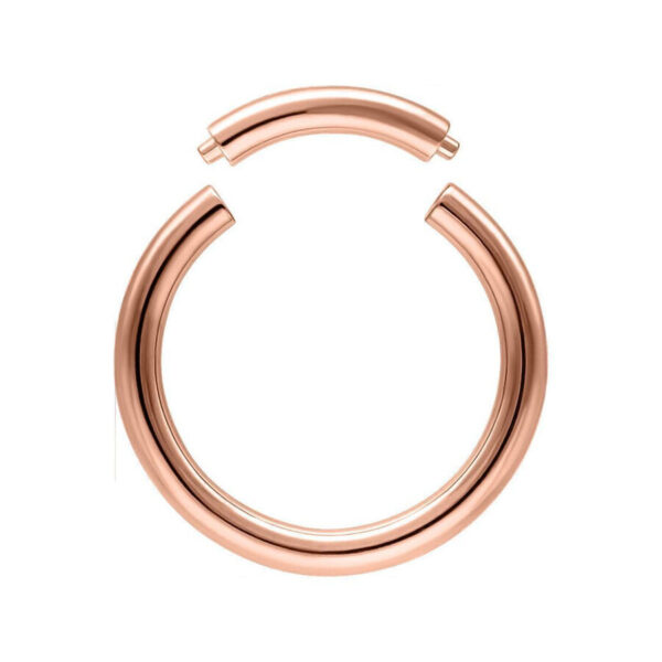 Anillo segmentado de oro rosa de titanio con 1,6 mm de grosor y 10 mm de diámetro interno sobre fondo blanco