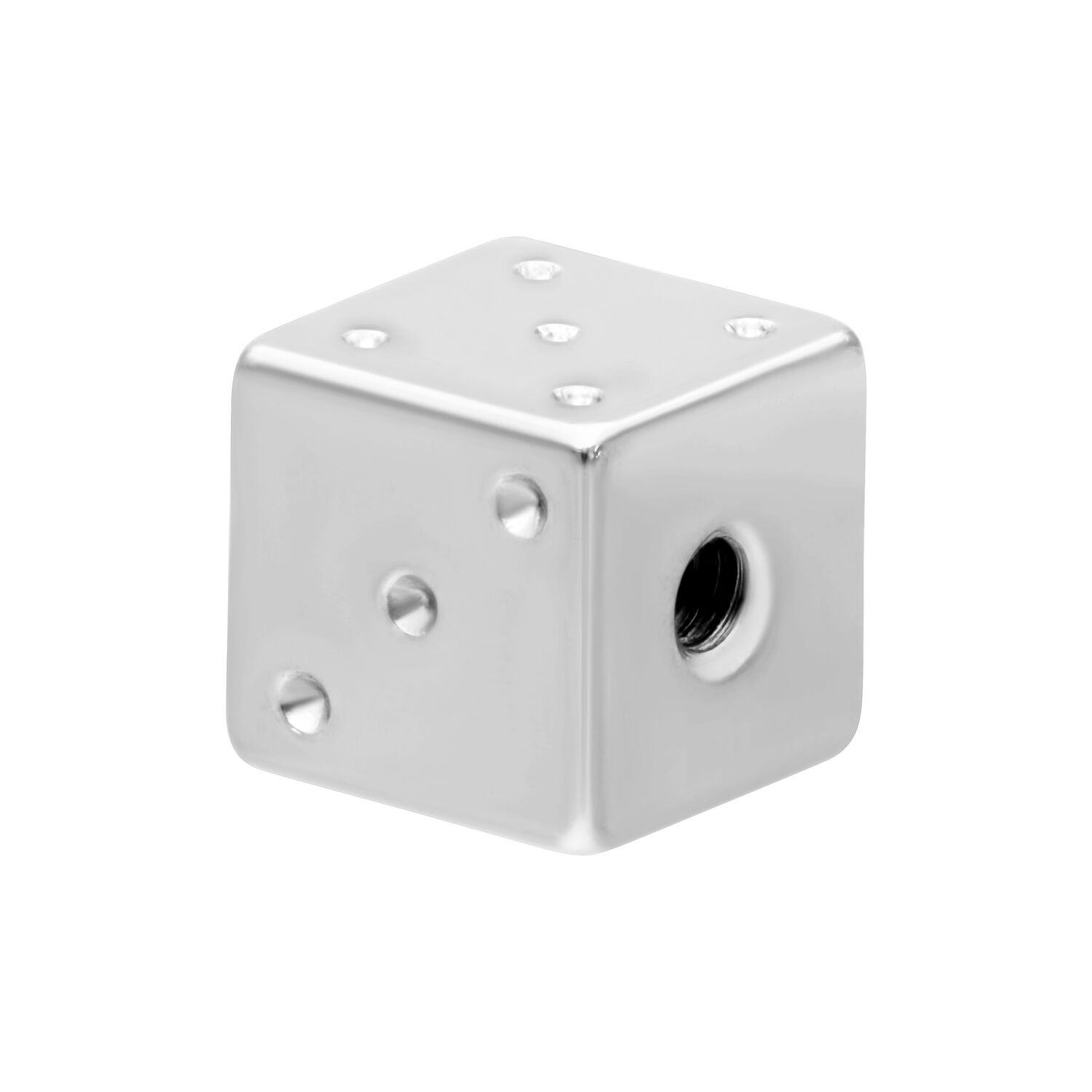Silberner Würfel-Piercingaufsatz aus Stahl Accesorio de dado plateado para piercings de acero quirúrgico 316L sobre fondo blanco