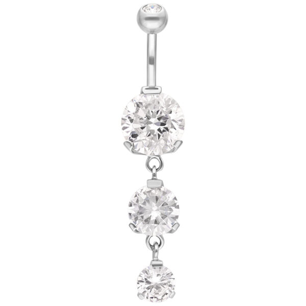 Piercing de ombligo de plata con tres cristales claros sobre fondo blanco