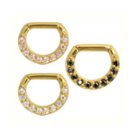 Clicker de Septum Dorado con Cristales Tres clickers de septum dorados con cristales negros y claros sobre fondo blanco