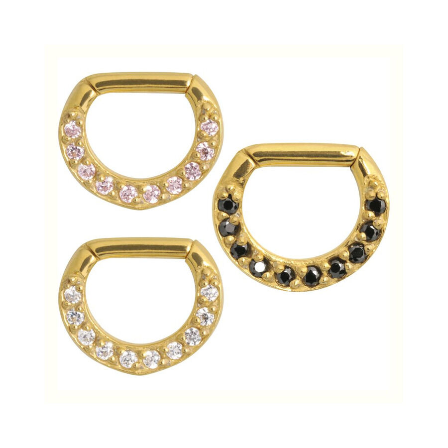 Clicker de Septum Dorado con Cristales Tres clickers de septum dorados con cristales negros y claros sobre fondo blanco