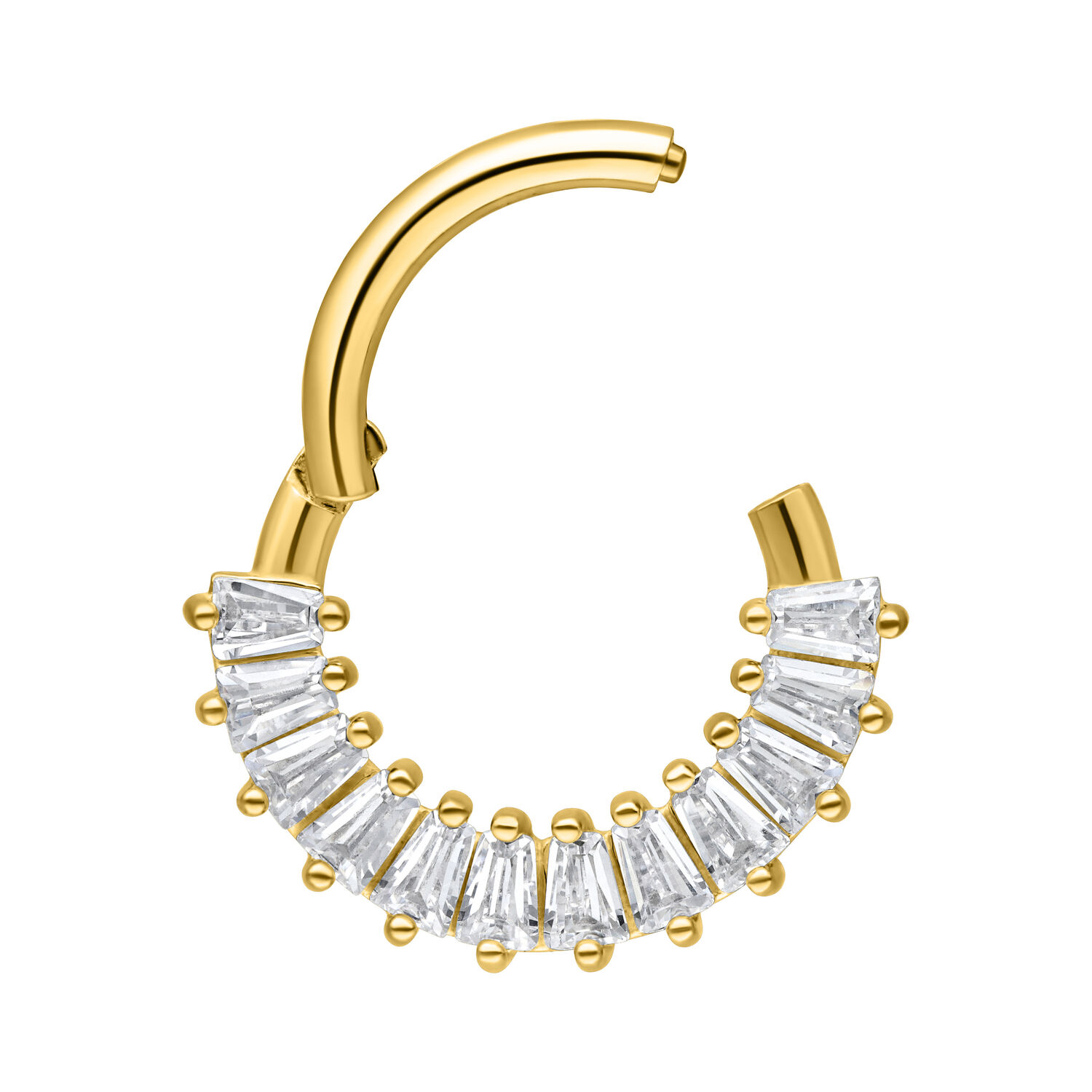 Clicker de septum dorado con cristales claros sobre fondo blanco