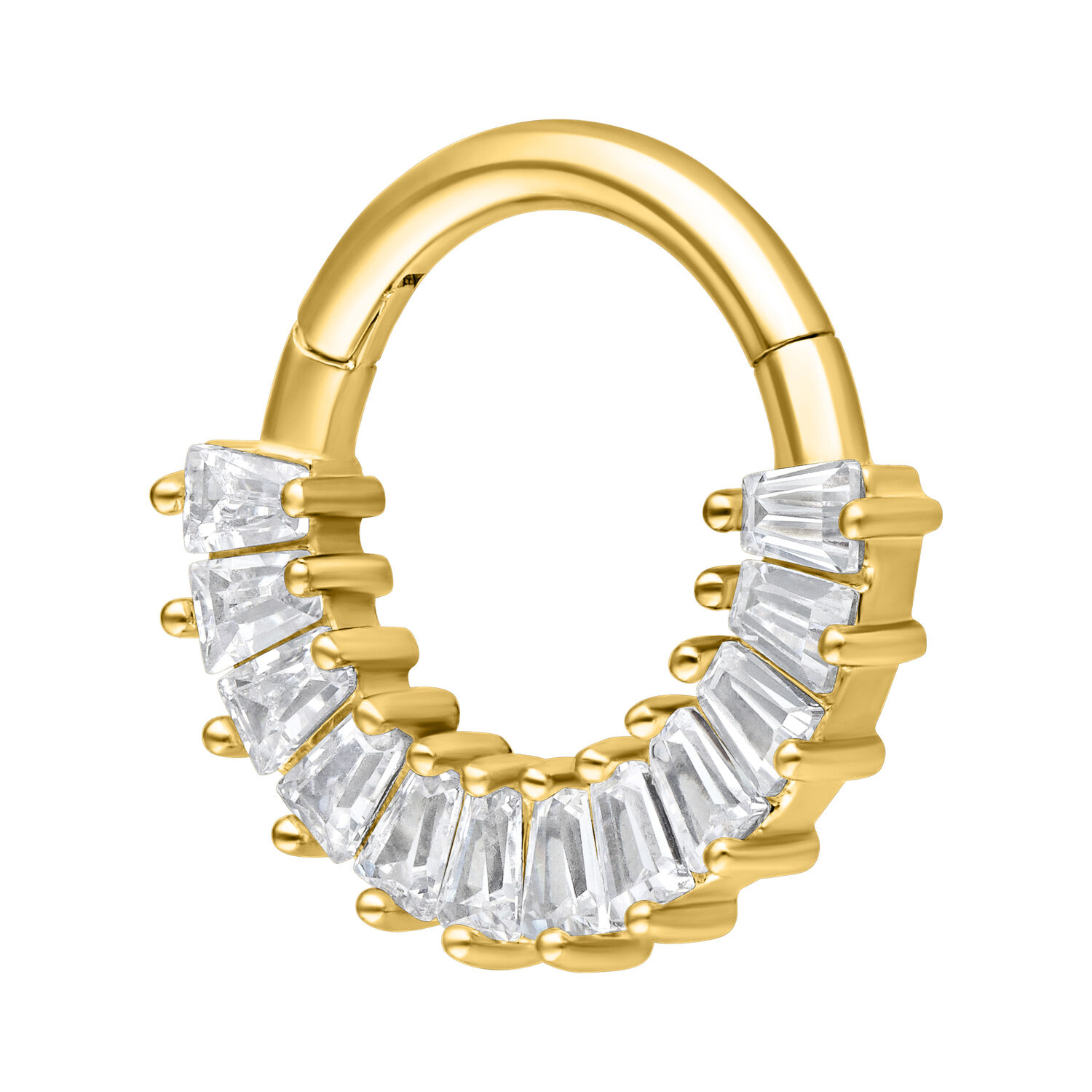 Clicker dorado para septum con cristales claros sobre fondo blanco
