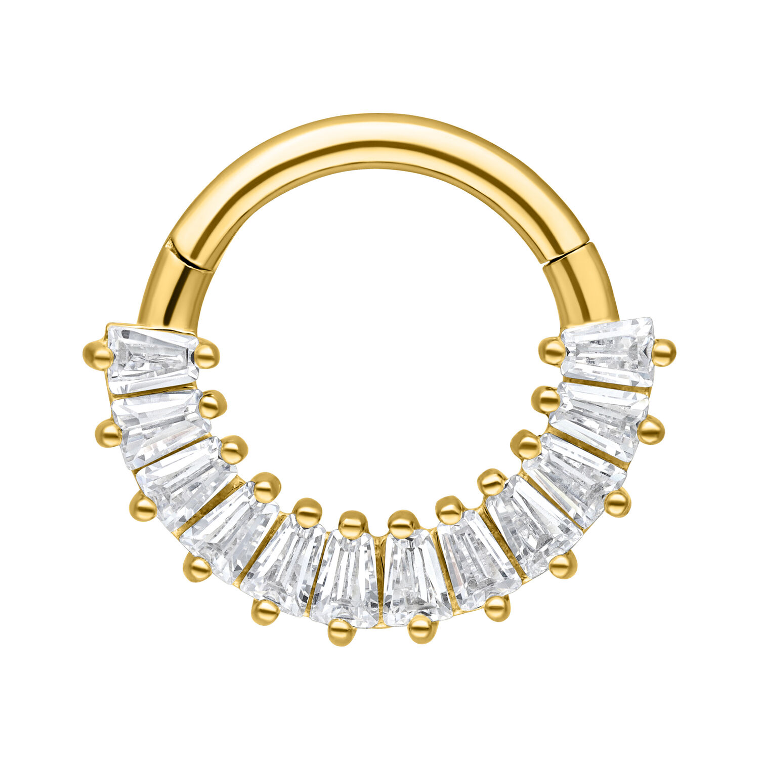 Clicker de septum dorado de acero quirúrgico con cristales claros sobre fondo blanco