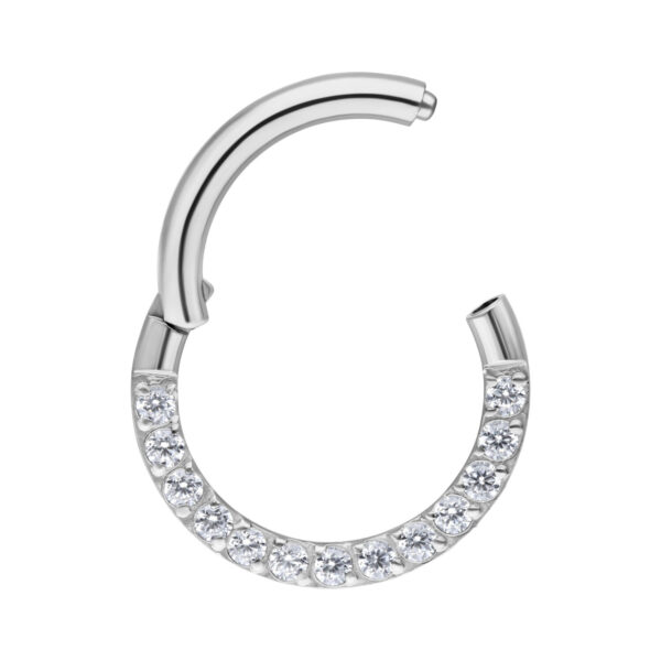 Clicker de septum plateado de acero quirúrgico con cristales claros sobre fondo blanco