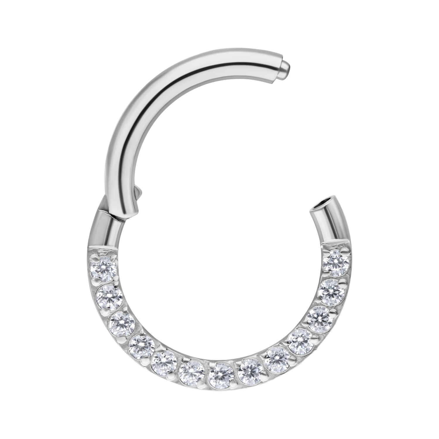 Clicker de septum plateado de acero quirúrgico con cristales claros sobre fondo blanco