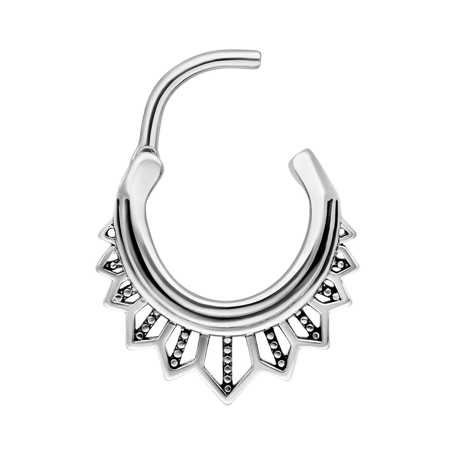 Tigerlily Septum Clicker Plata 10 mm Septum clicker plateado con motivo de sol estilizado sobre fondo blanco