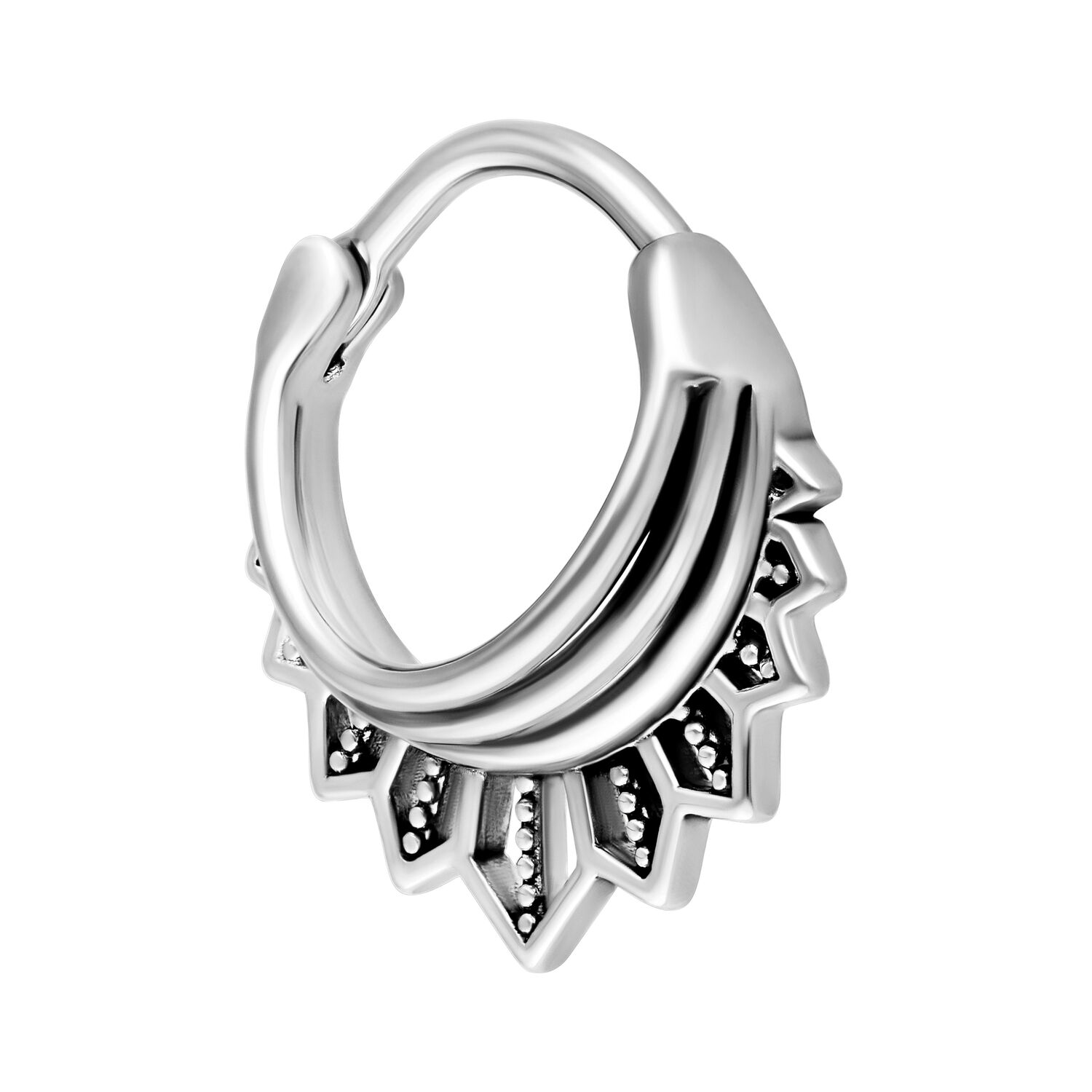 Tigerlily Septum Clicker Piercing de Plata Anillo Septum Clicker de plata con diseño floral sobre fondo blanco