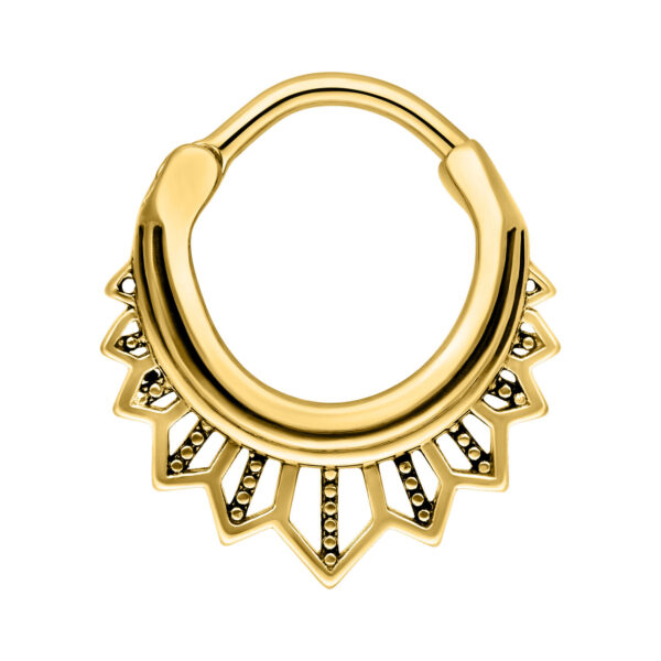 Clicker de septum dorado con diseño de lirios tigre sobre fondo blanco