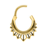 Tigerlily Septum Clicker en Oro Tigerlily Septum Clicker dorado con bisagra abierta sobre fondo blanco