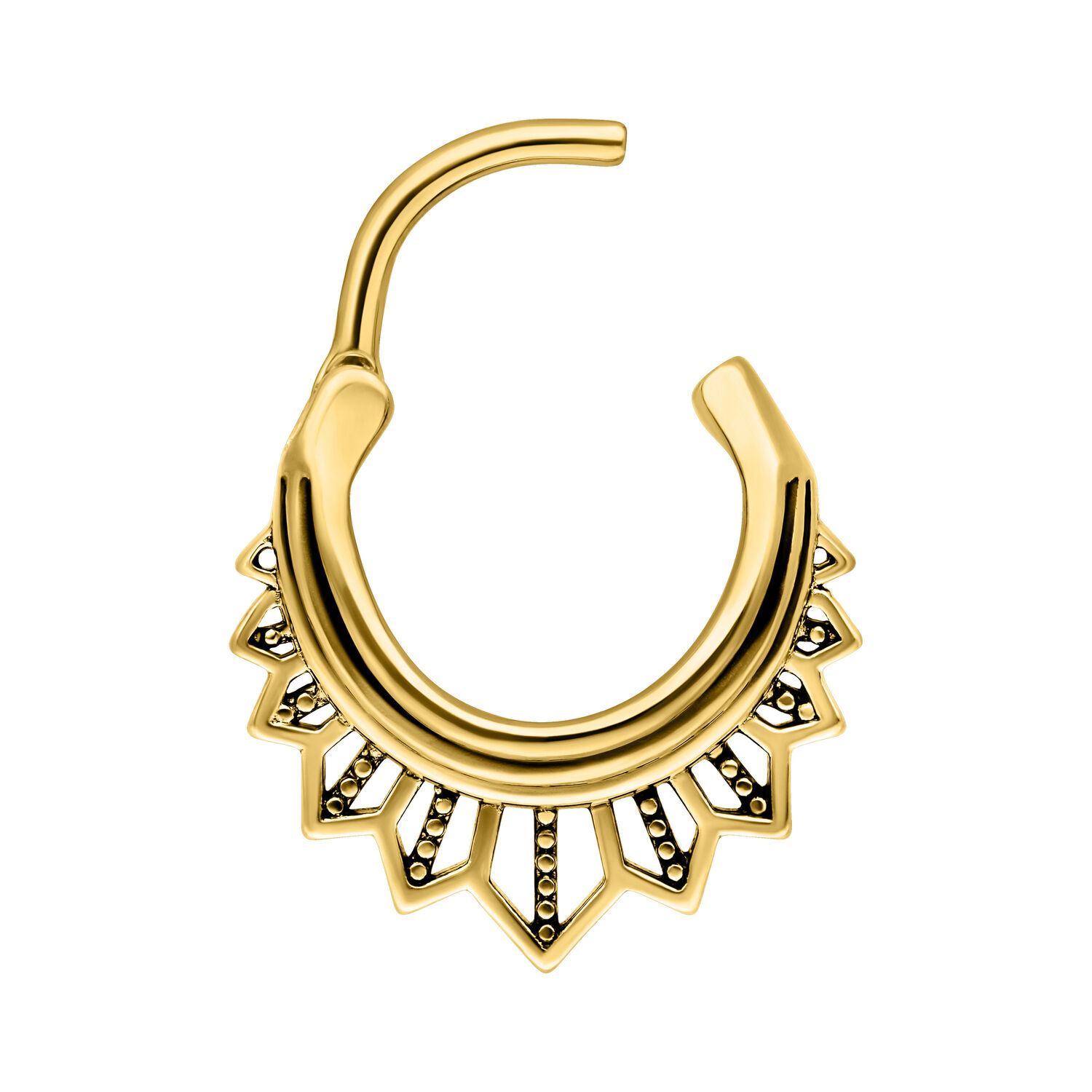 Tigerlily Septum Clicker en Oro Tigerlily Septum Clicker dorado con bisagra abierta sobre fondo blanco