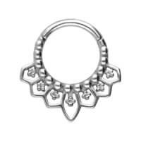 Clicker septum plateado con diseño detallado de catedral sobre fondo blanco