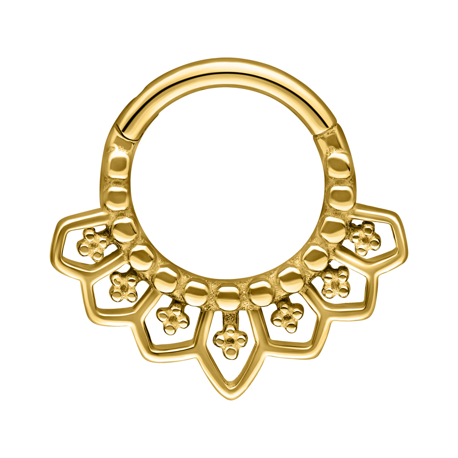 Clicker de septum dorado con diseño detallado sobre fondo blanco