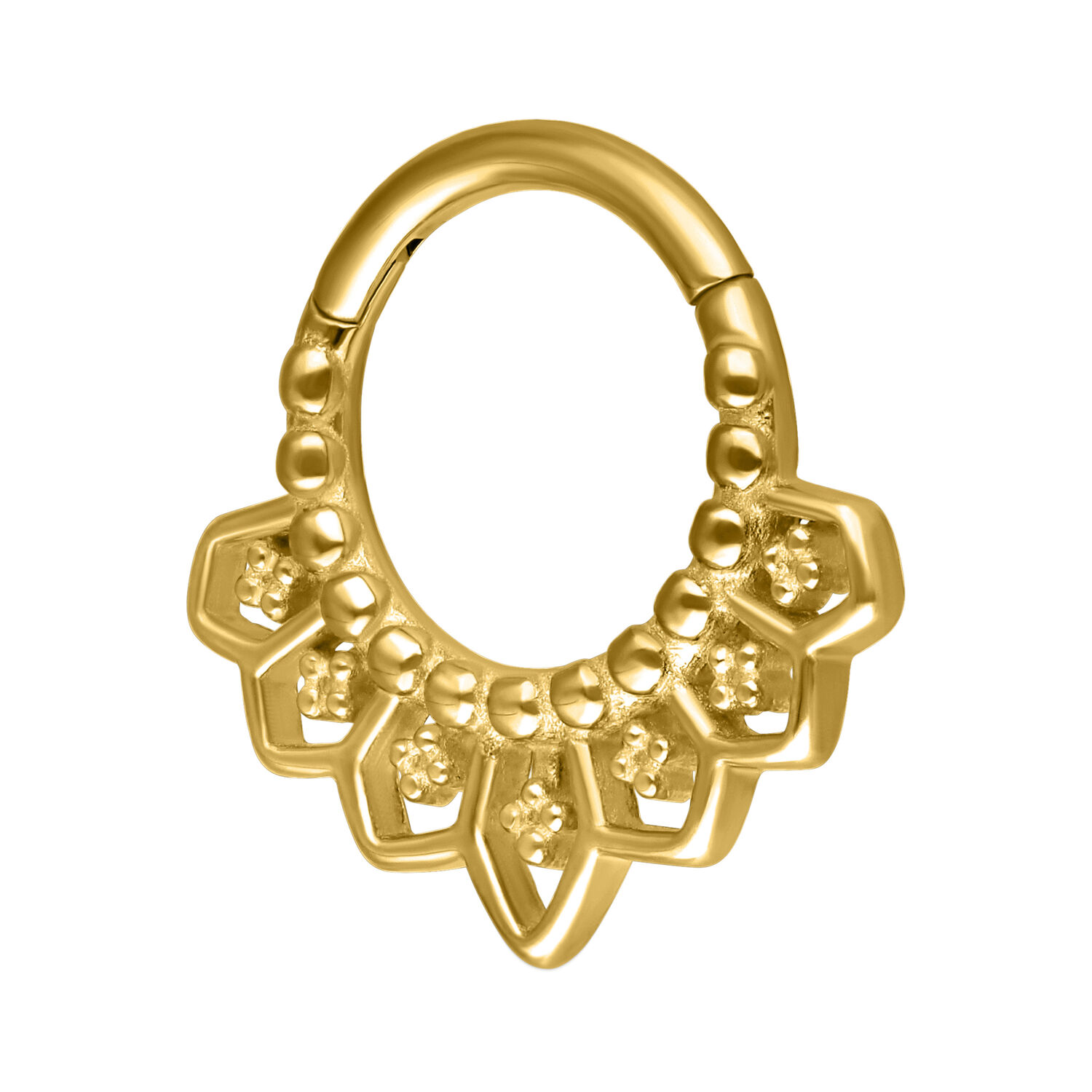 Clicker de septum dorado con diseño detallado sobre fondo blanco
