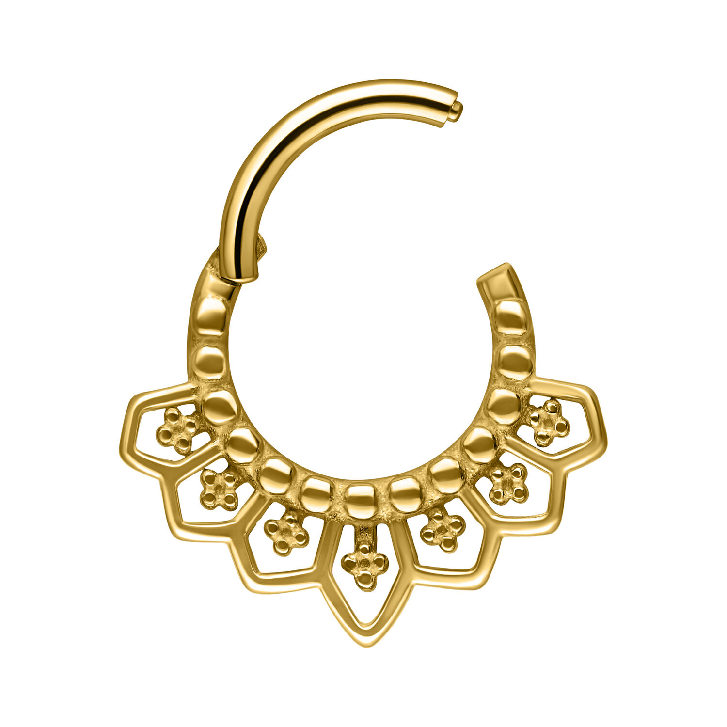 Septum Clicker dorado con diseño detallado sobre fondo blanco