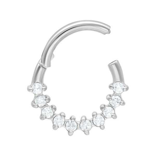 Clicker de septum plateado de acero quirúrgico con cristales claros sobre fondo blanco