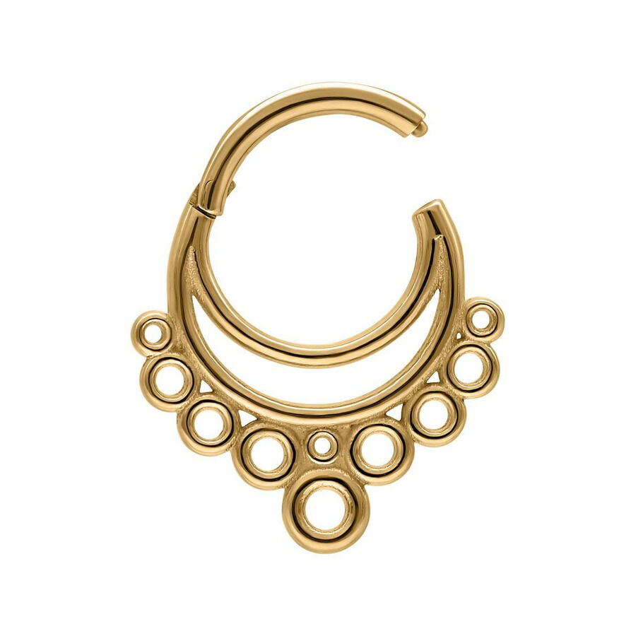 Clicker de septum dorado con diseño de burbujas sobre fondo blanco