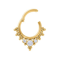Anillo de piercing dorado con cristales claros sobre fondo blanco