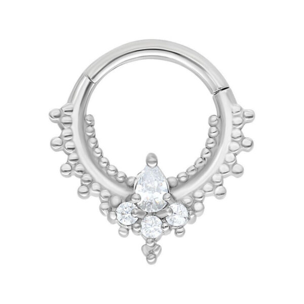 Anillo piercing Oriental Drop Clicker de plata con cristales sobre fondo blanco