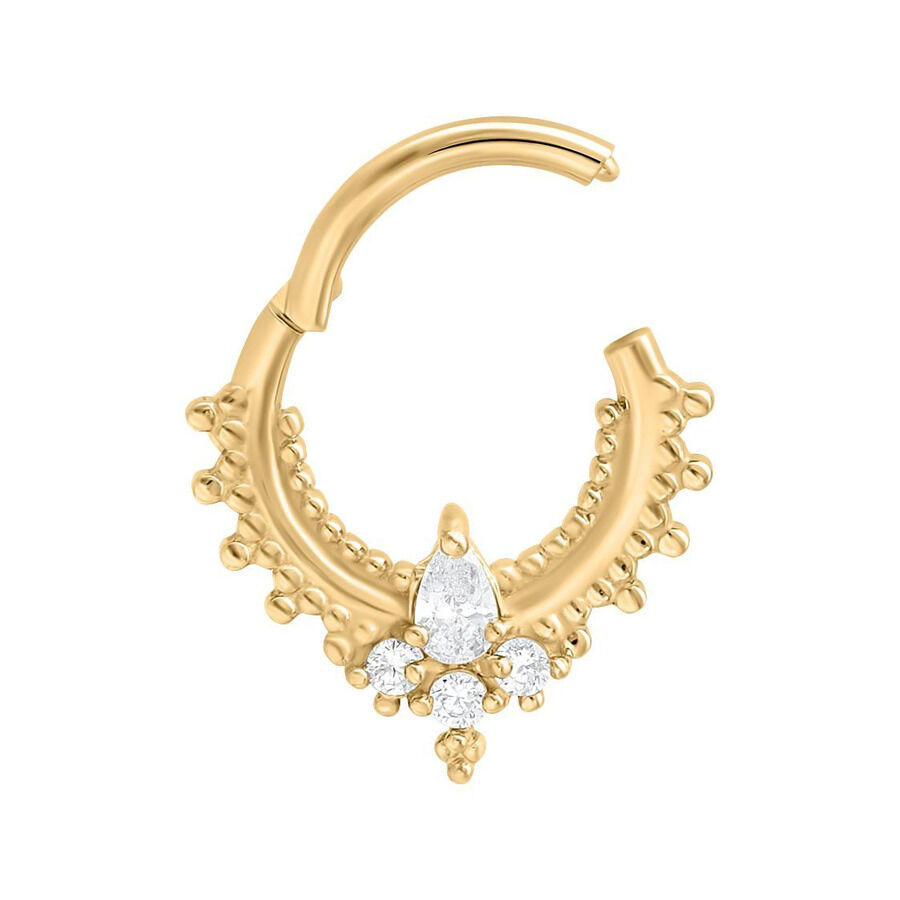 Anillo de piercing Oriental Drop Clicker de oro con piedras cristalinas sobre fondo blanco